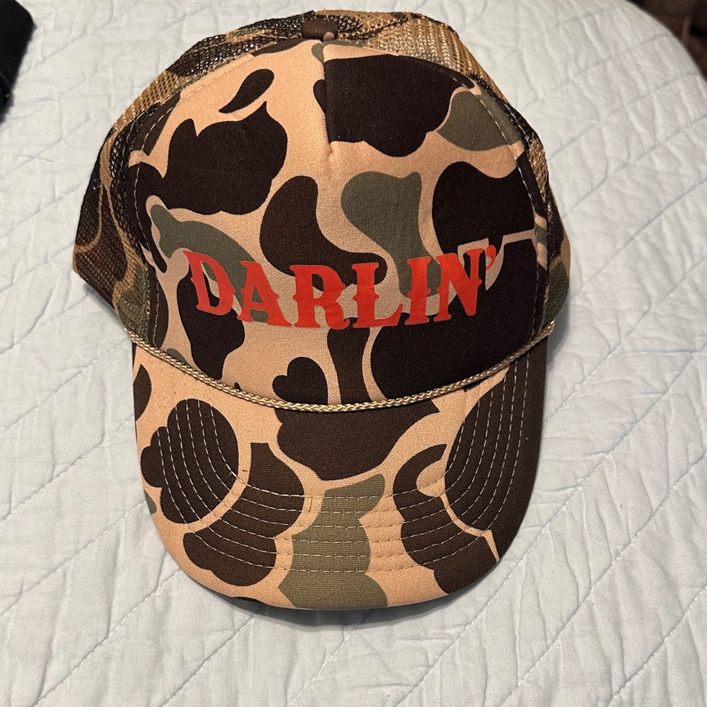 Camouflage Trucker Hat with Red 'Darlin' Print